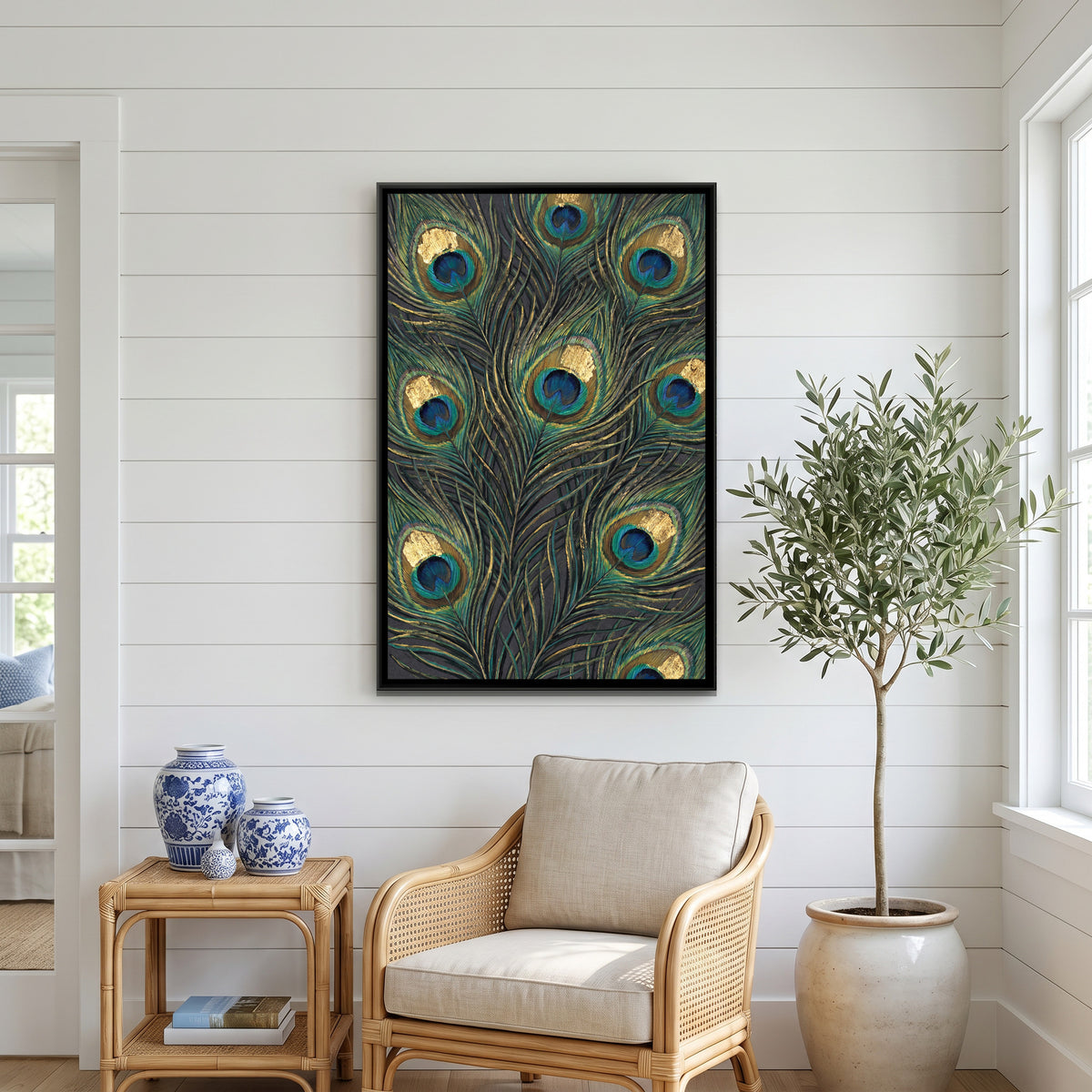 Peacock Feathers — canvas art shown in a second room setting
