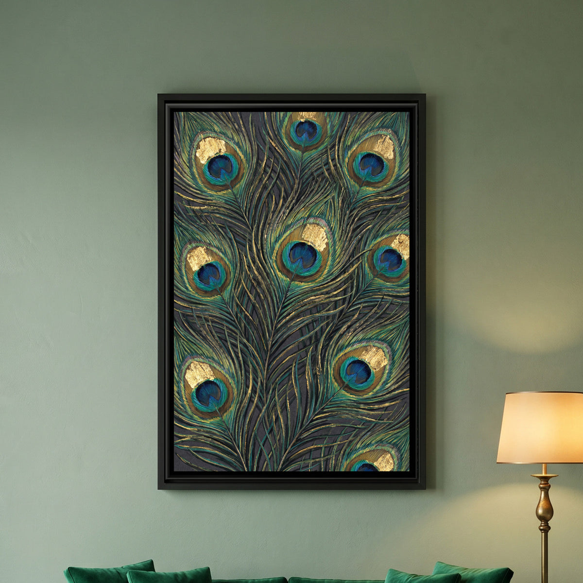 Peacock Feathers — framed canvas art hung on a wall