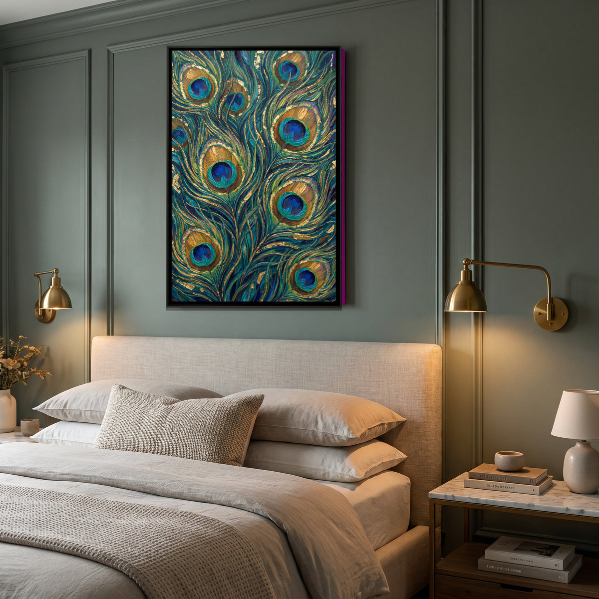 Peacock Feathers — canvas art shown in a styled room