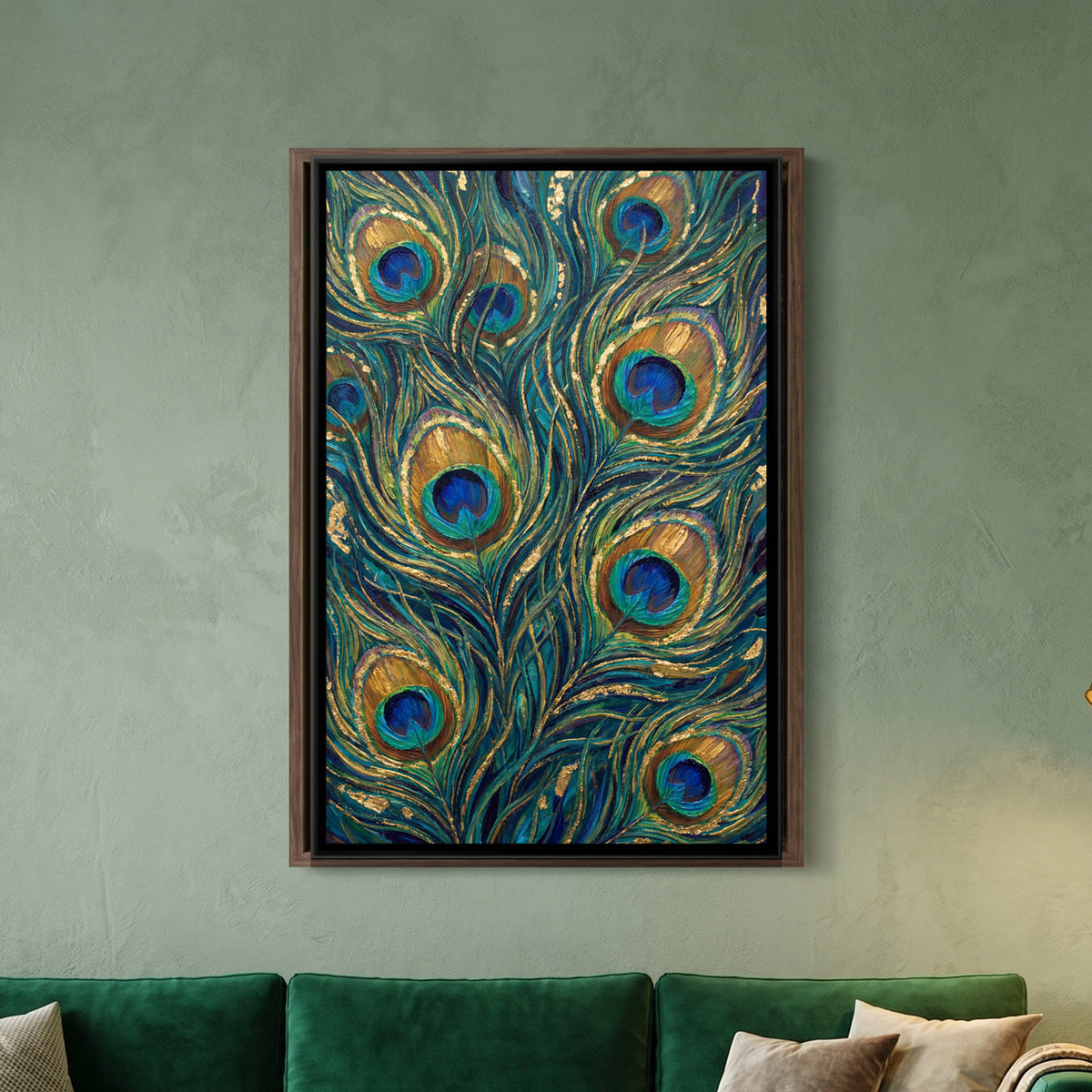 Peacock Feathers — framed canvas art hung on a wall