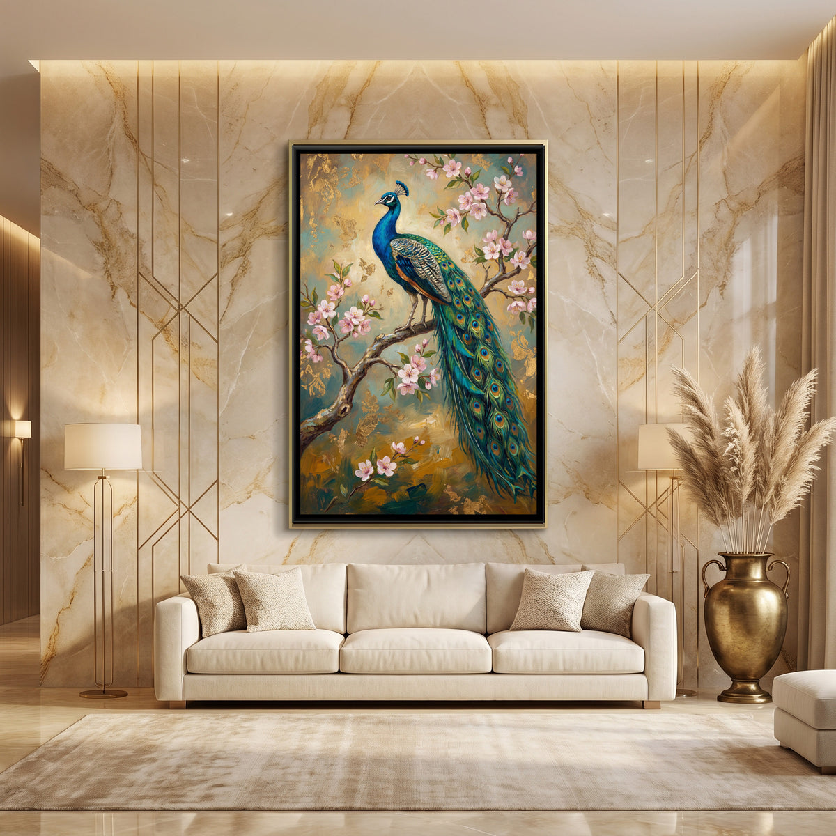 Peacock on Blossom Branch — canvas art shown in a second room setting