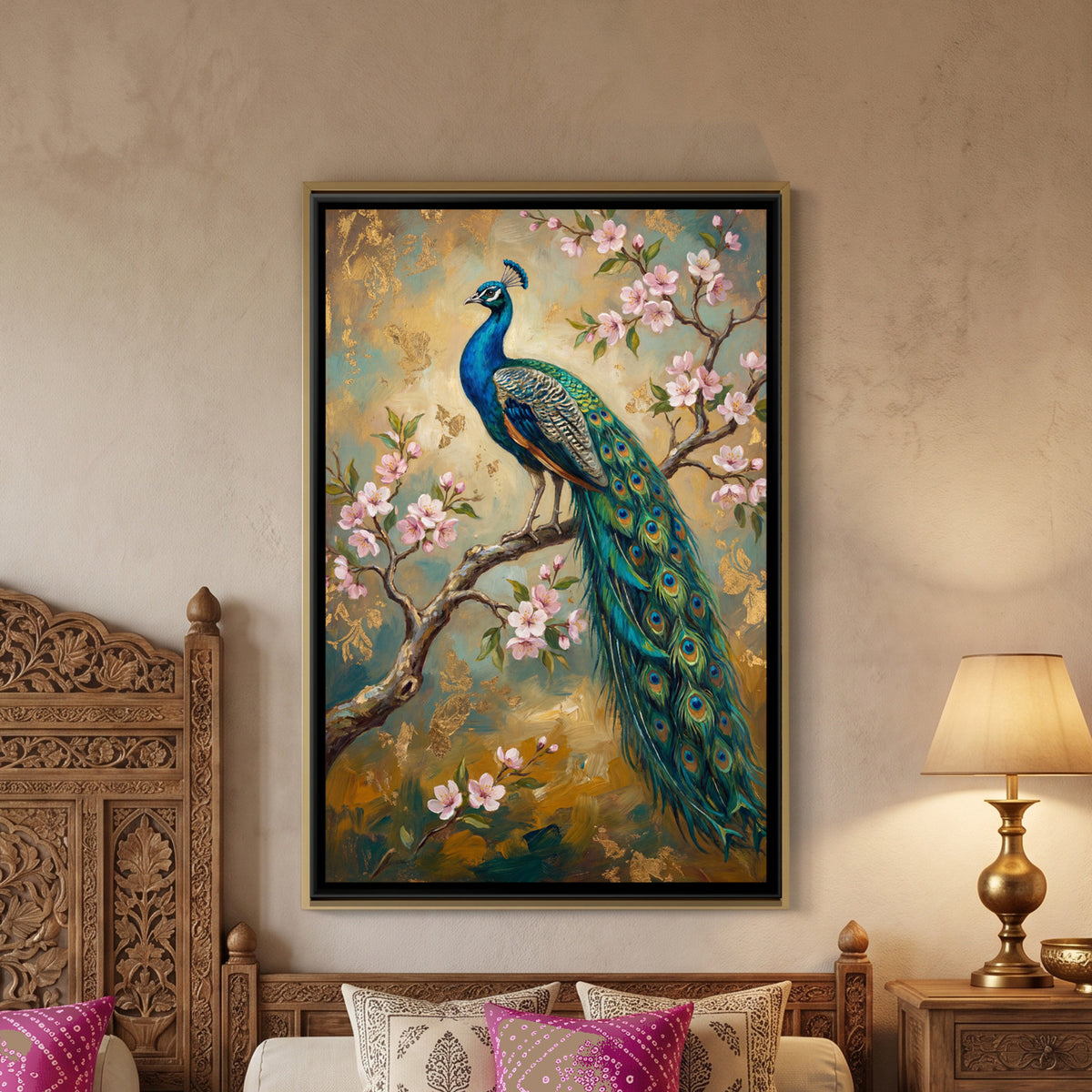 Peacock on Blossom Branch — framed canvas art hung on a wall