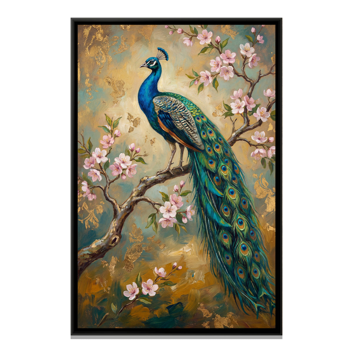 Peacock on Blossom Branch — framed canvas print, front view
