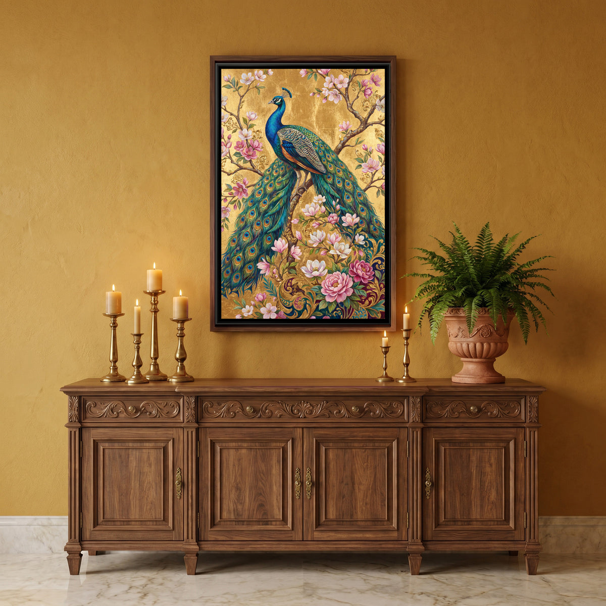 Peacock on Blossom Branch — canvas art shown in a second room setting