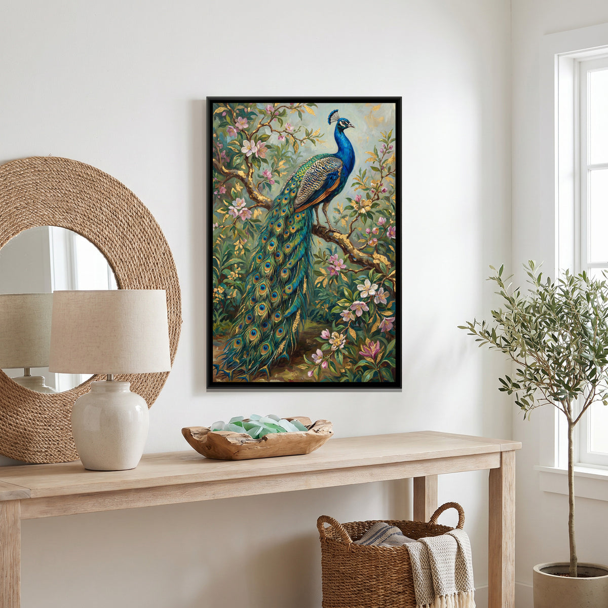 Peacock on Blossom Branch — canvas art shown in a styled room