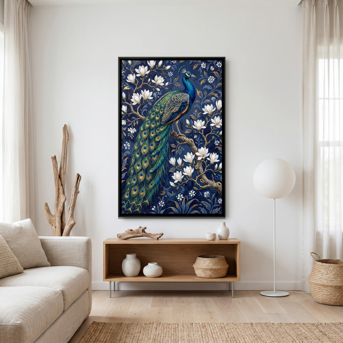 Peacock on Blossom Branch — canvas art shown in a second room setting