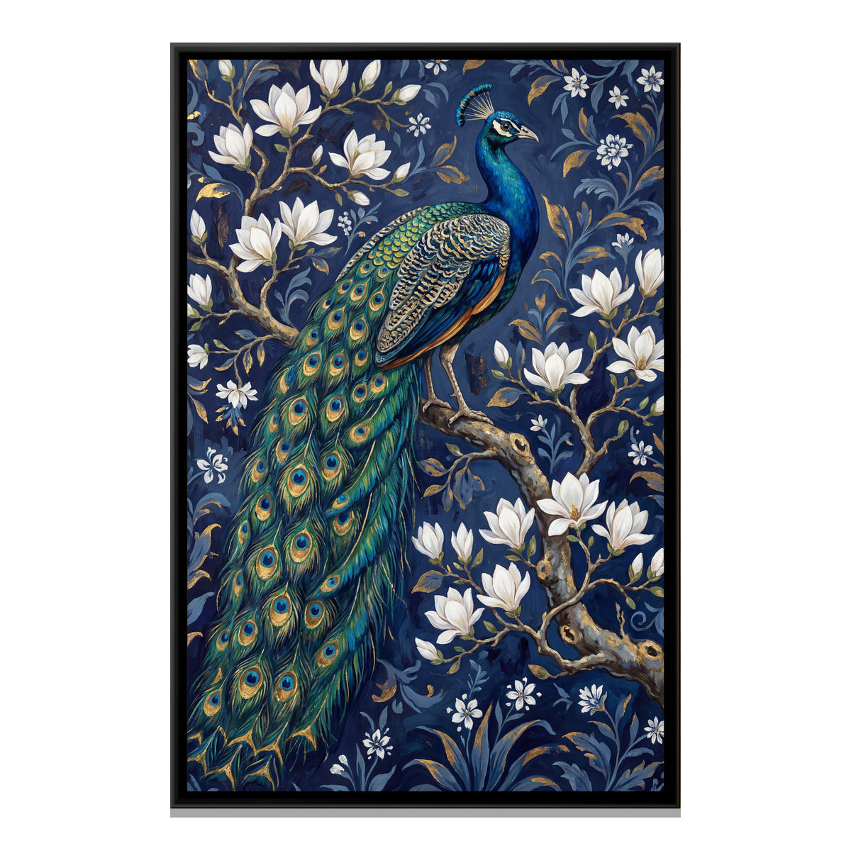 Peacock on Blossom Branch — framed canvas print, front view