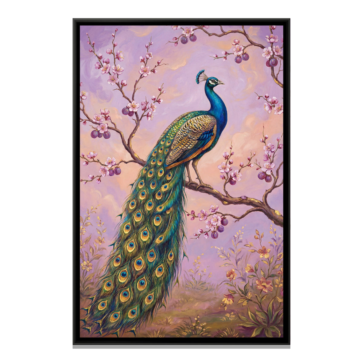 Peacock on a Branch — framed canvas print, front view