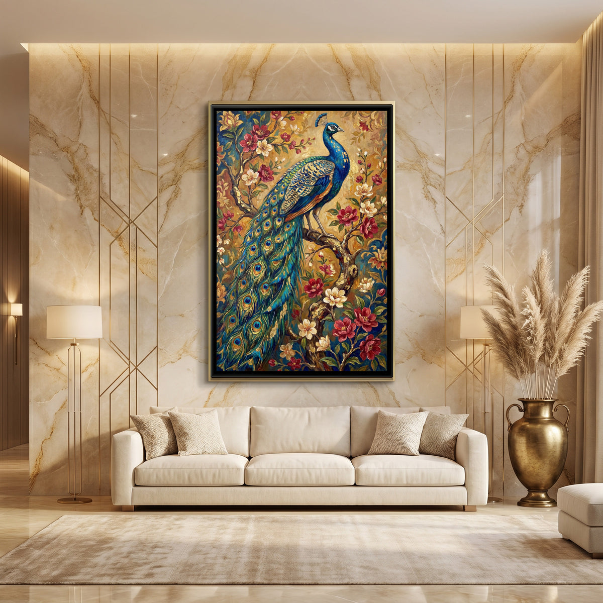 Peacock on a Branch — canvas art shown in a styled room