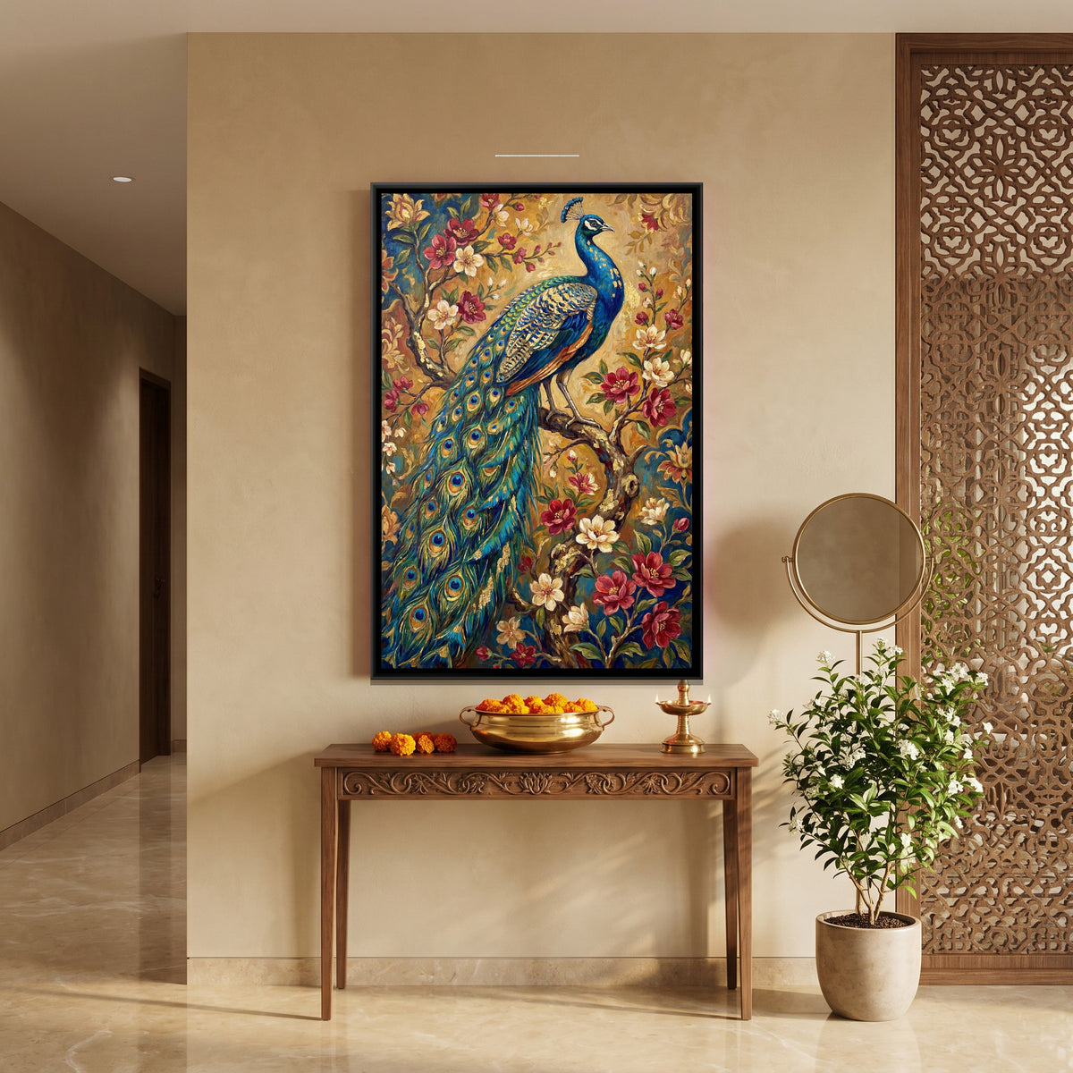 Peacock on a Branch — canvas art shown in a second room setting