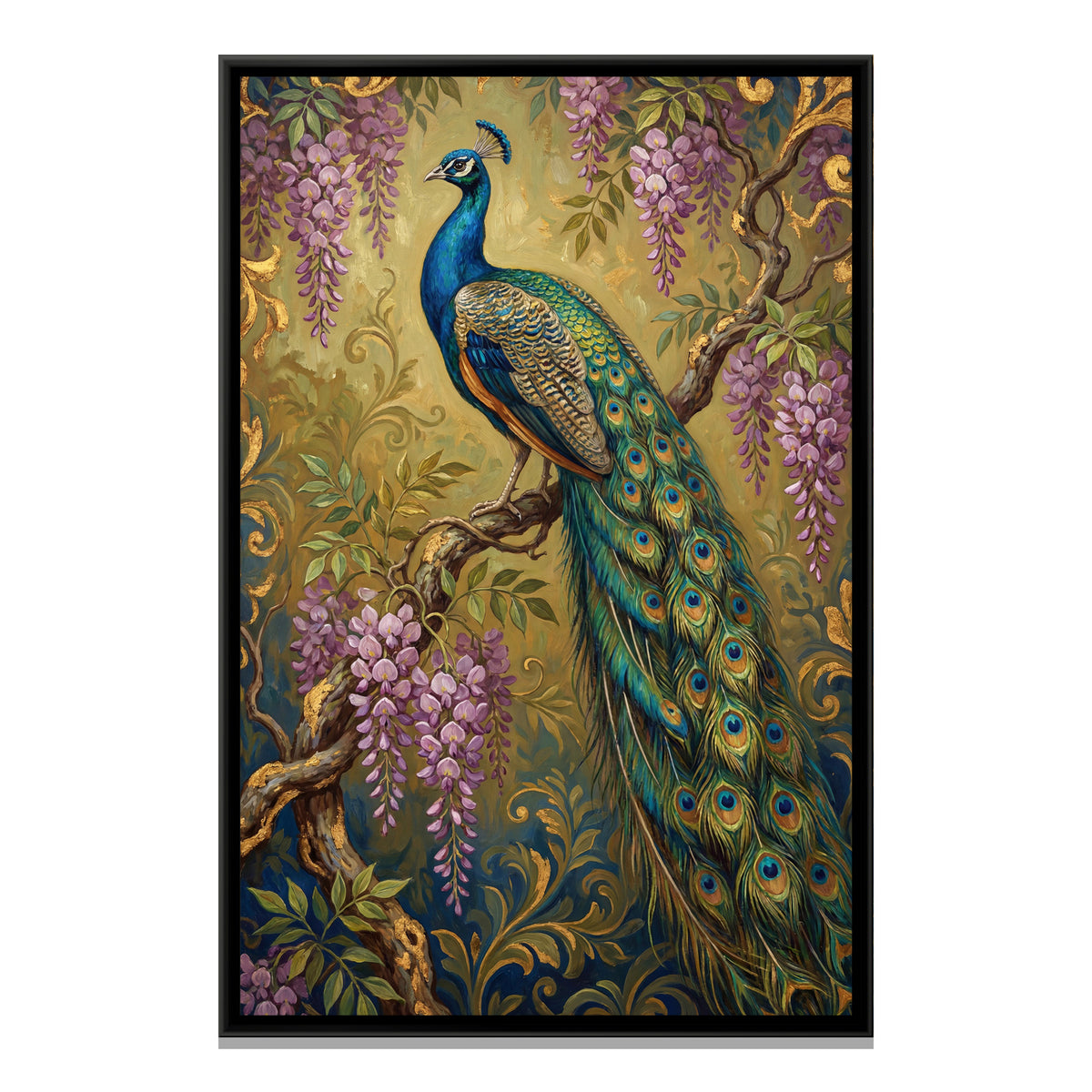 Peacock on a Branch — framed canvas print, front view