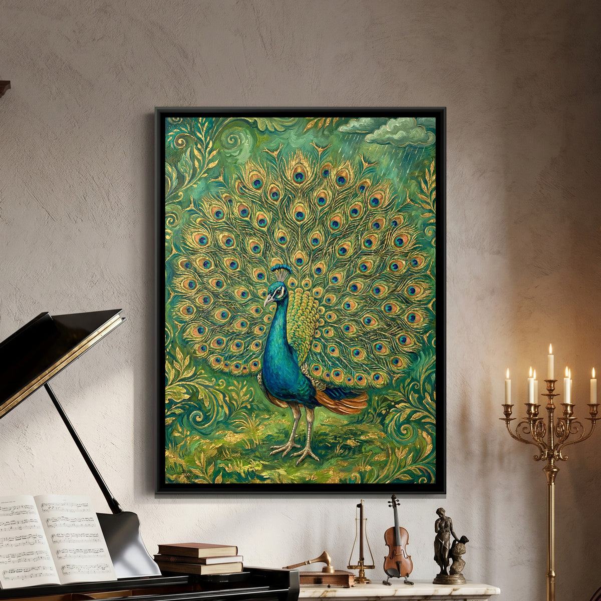 Dancing Peacock — framed canvas art hung on a wall