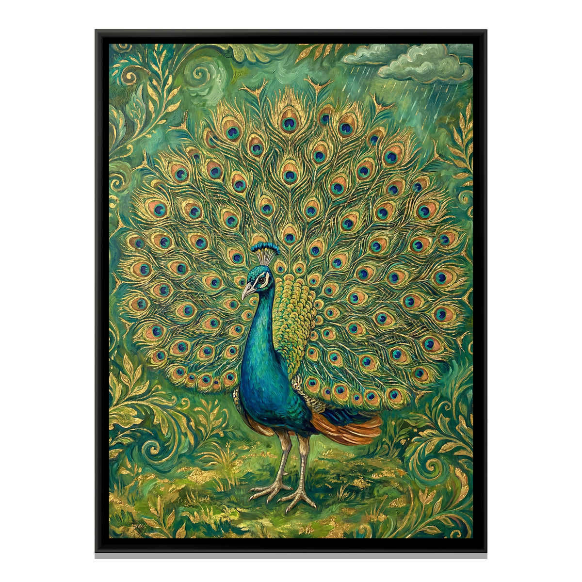 Dancing Peacock — framed canvas print, front view