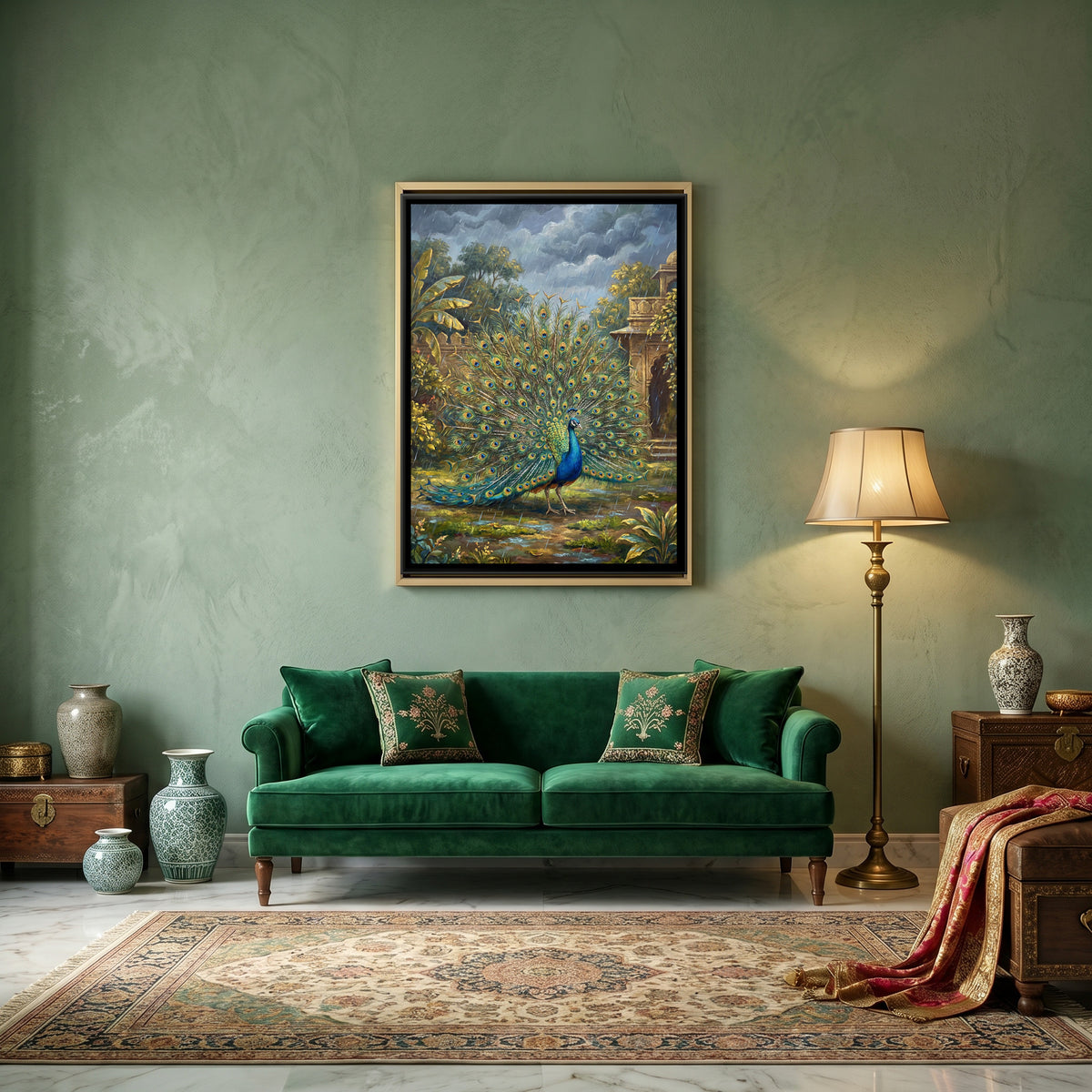 Dancing Peacock — canvas art shown in a second room setting