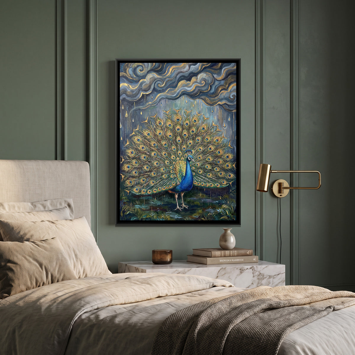 Dancing Peacock — canvas art shown in a second room setting