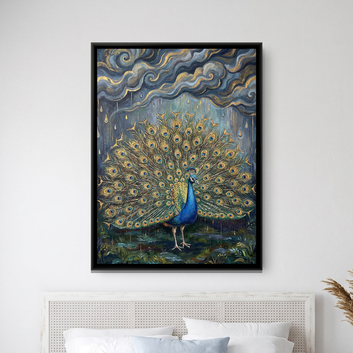 Dancing Peacock — framed canvas art hung on a wall
