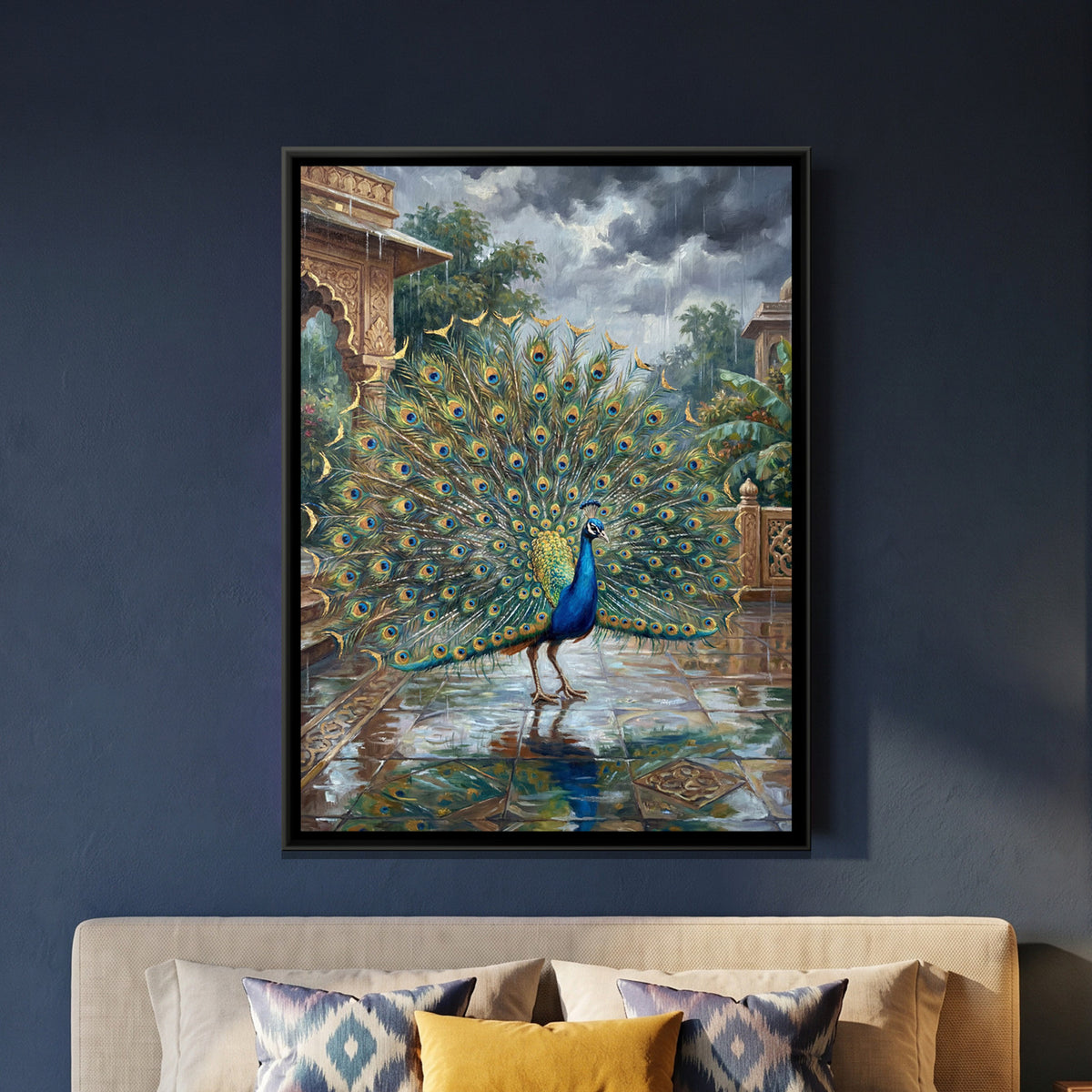 Dancing Peacock — framed canvas art hung on a wall