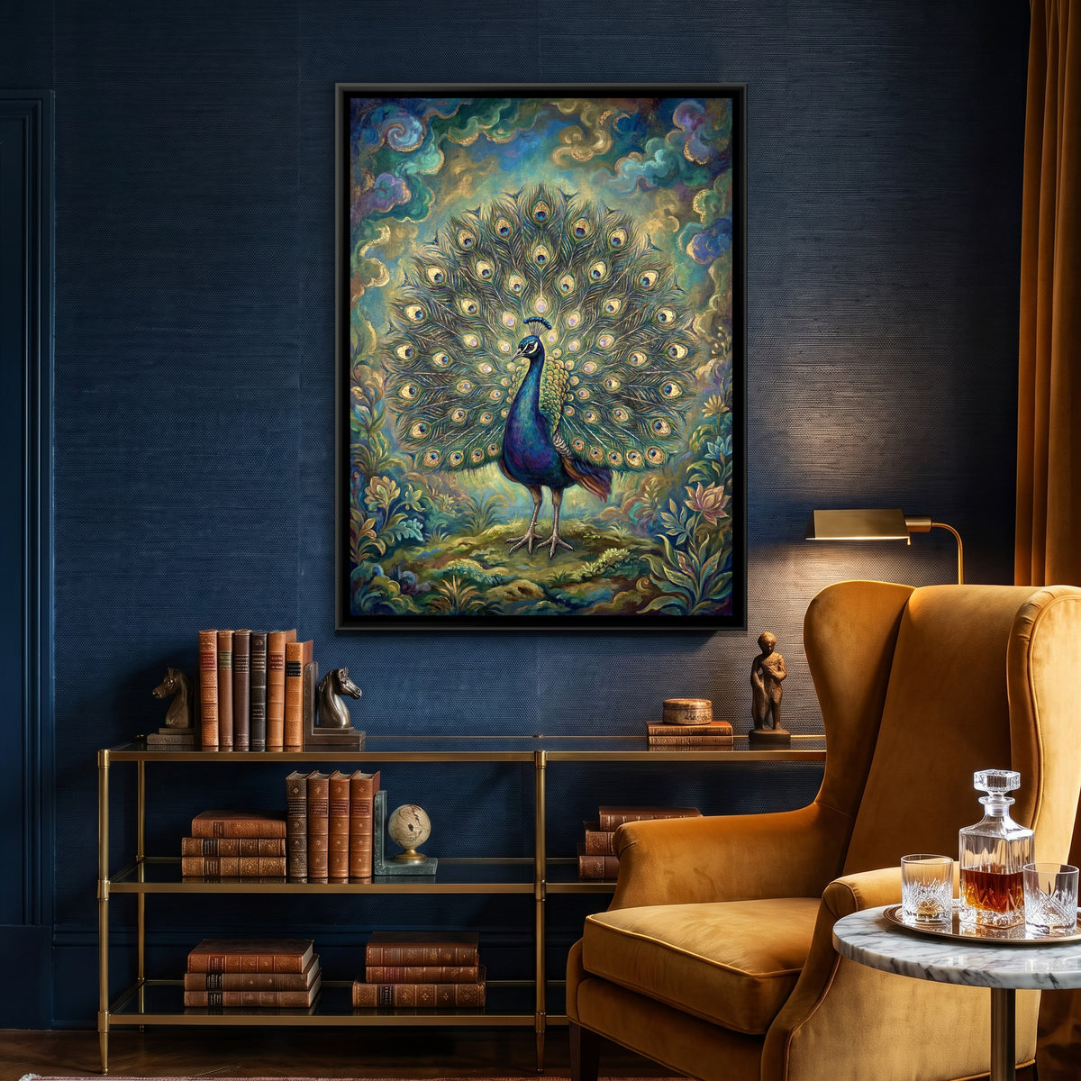 Dancing Peacock — canvas art shown in a styled room