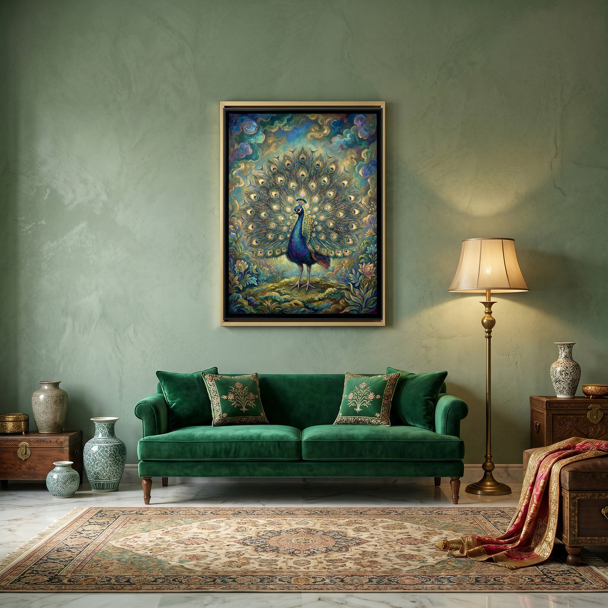 Dancing Peacock — canvas art shown in a second room setting