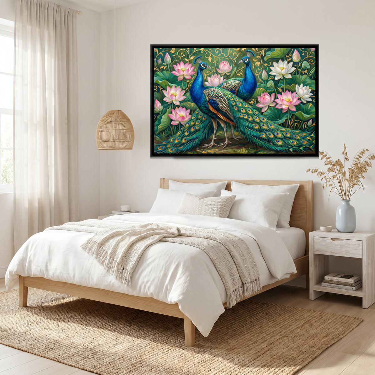 Peacock Pair — canvas art shown in a styled room
