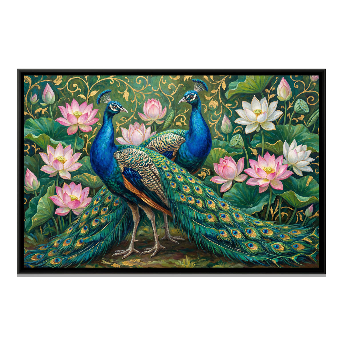 Peacock Pair — framed canvas print, front view