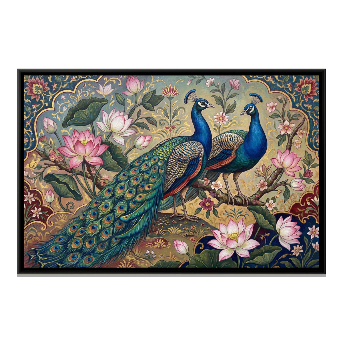Peacock Pair — framed canvas print, front view