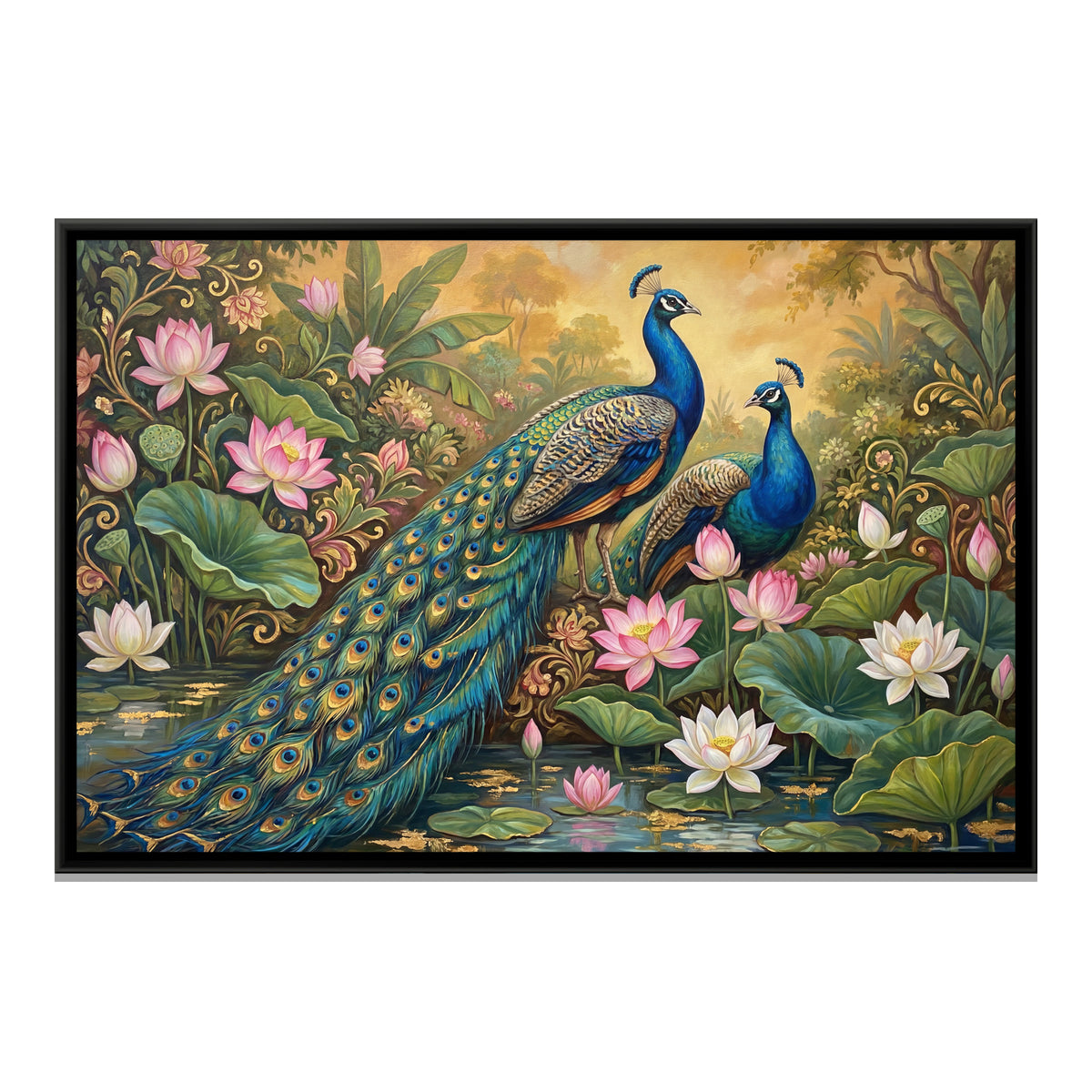 Peacock Pair — framed canvas print, front view
