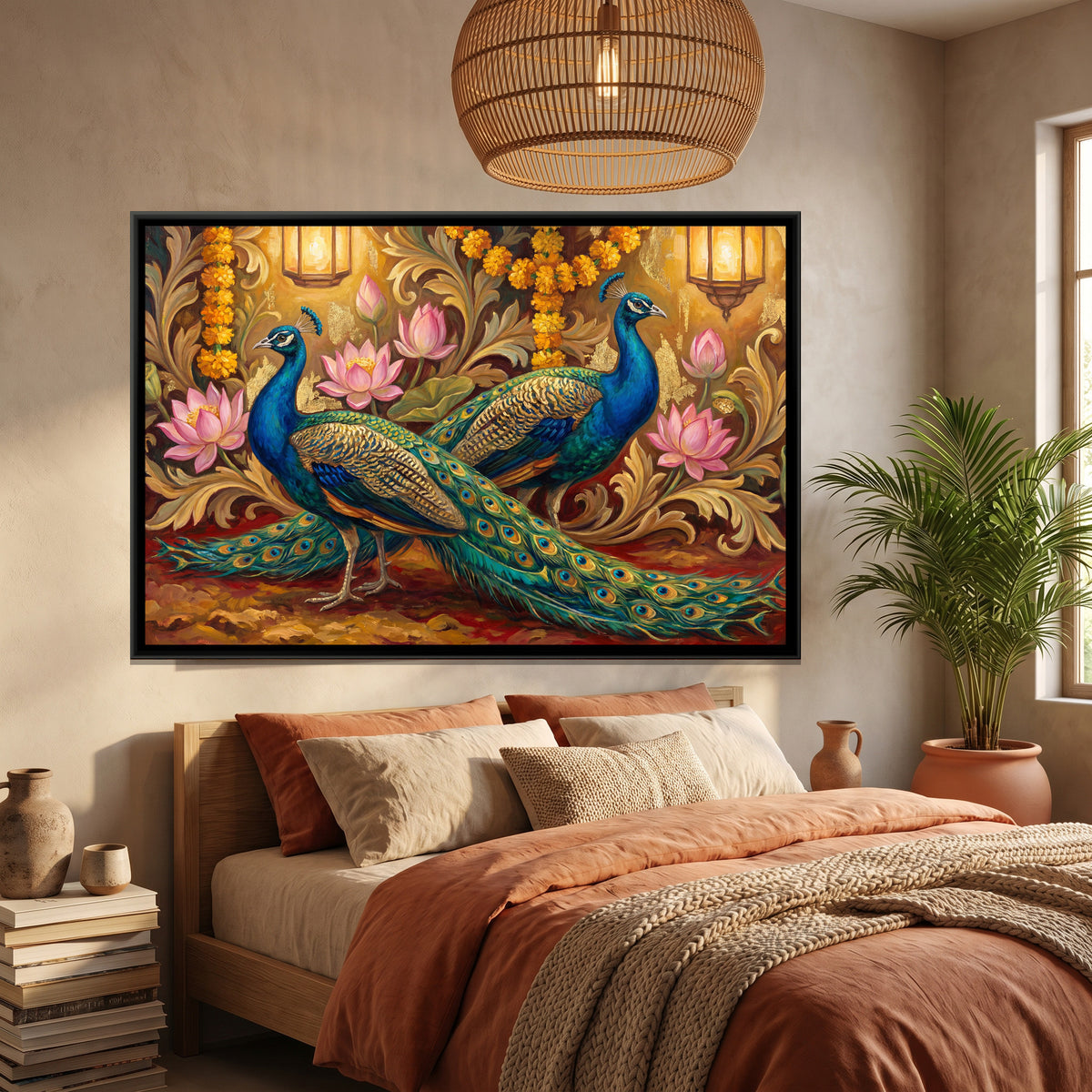 Peacocks and Lotus — canvas art shown in a styled room
