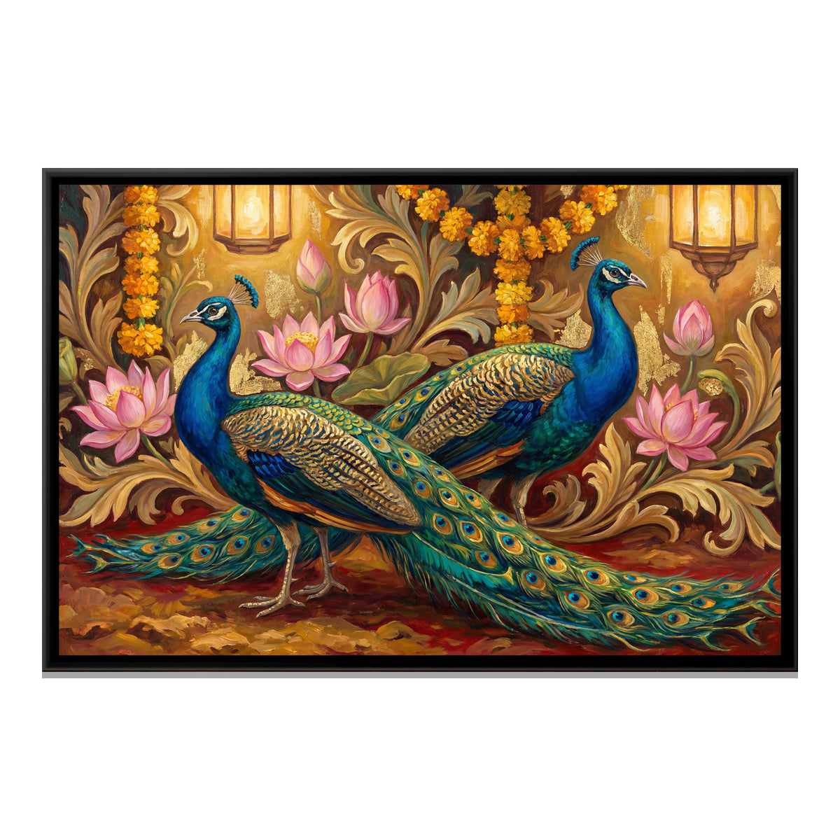 Peacocks and Lotus — framed canvas print, front view