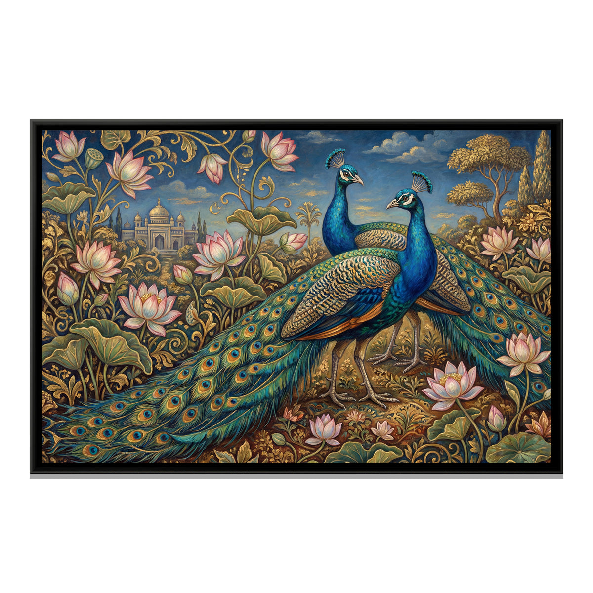 Peacocks and Lotus — framed canvas print, front view