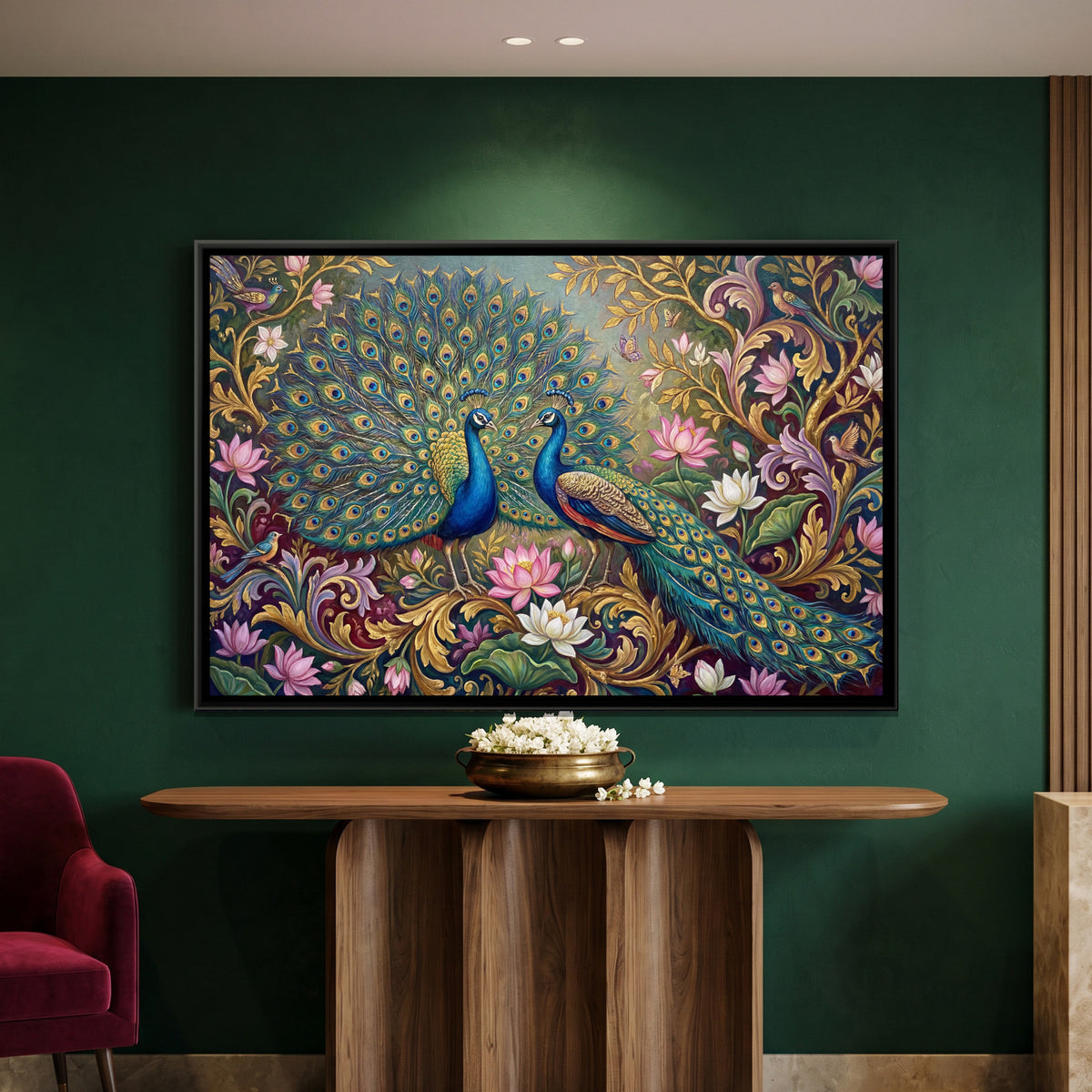 Peacocks and Lotus — framed canvas art hung on a wall