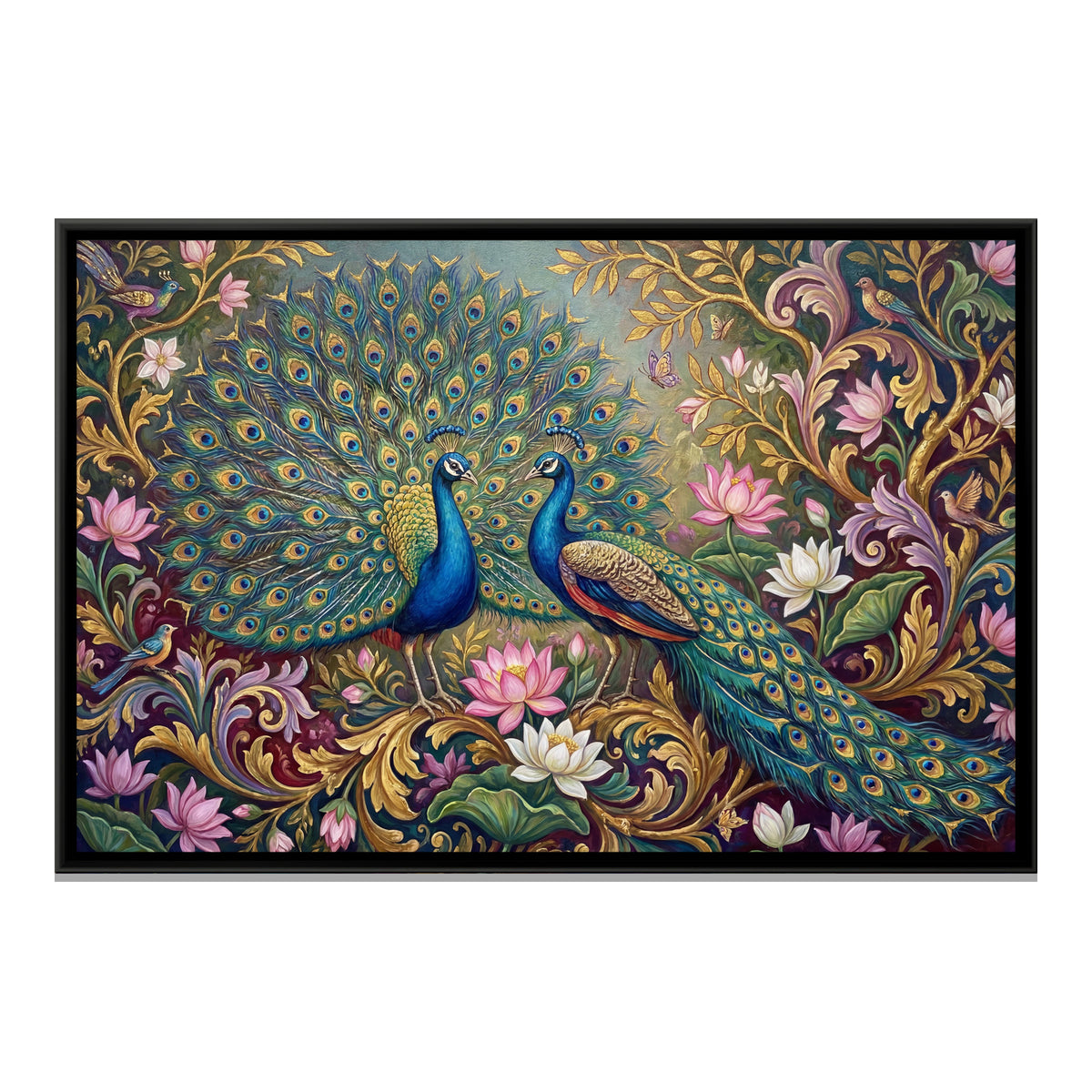 Peacocks and Lotus — framed canvas print, front view
