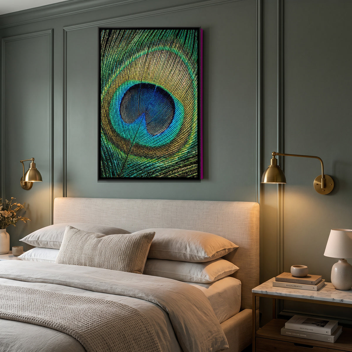 Peacock Feather Close-Up — canvas art shown in a styled room