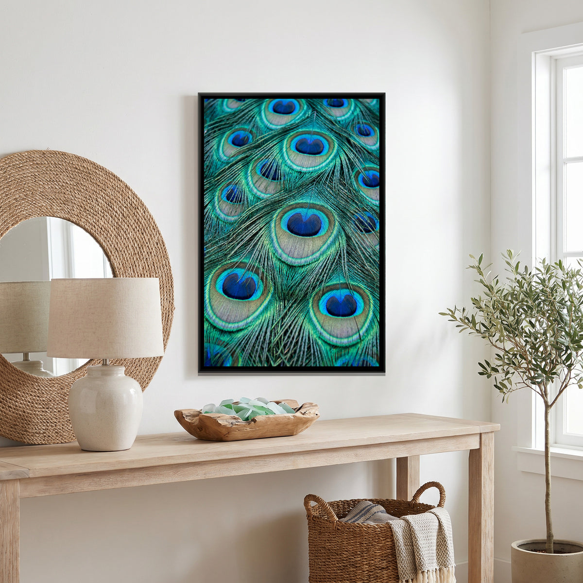 Peacock Feather Close-Up — canvas art shown in a styled room