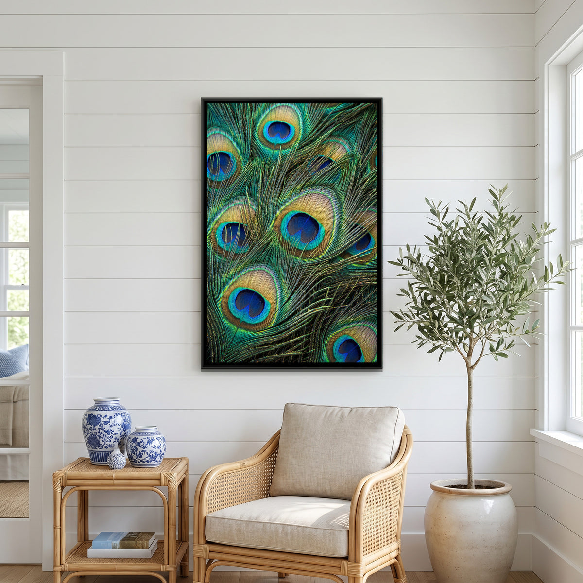 Peacock Feather Close-Up — canvas art shown in a second room setting