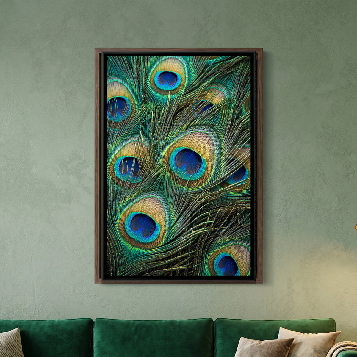 Peacock Feather Close-Up — framed canvas art hung on a wall