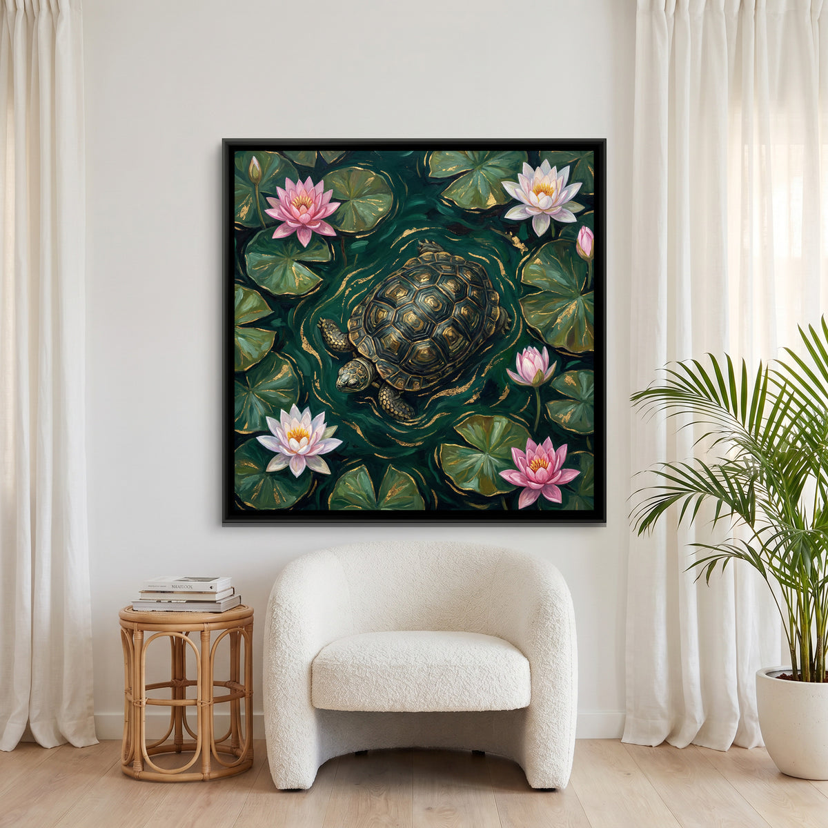 Vastu Tortoise — canvas art shown in a styled room