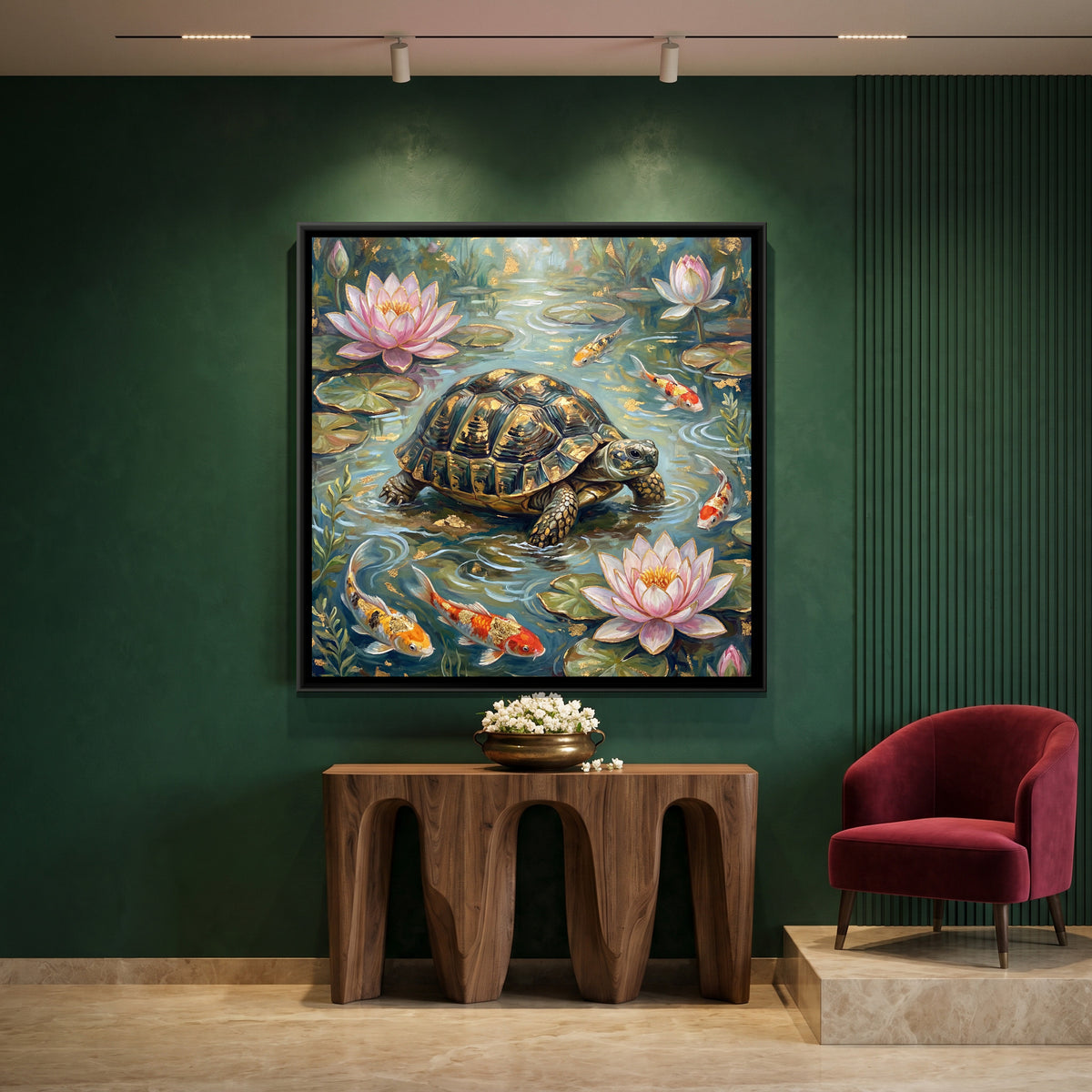 Vastu Tortoise — canvas art shown in a styled room