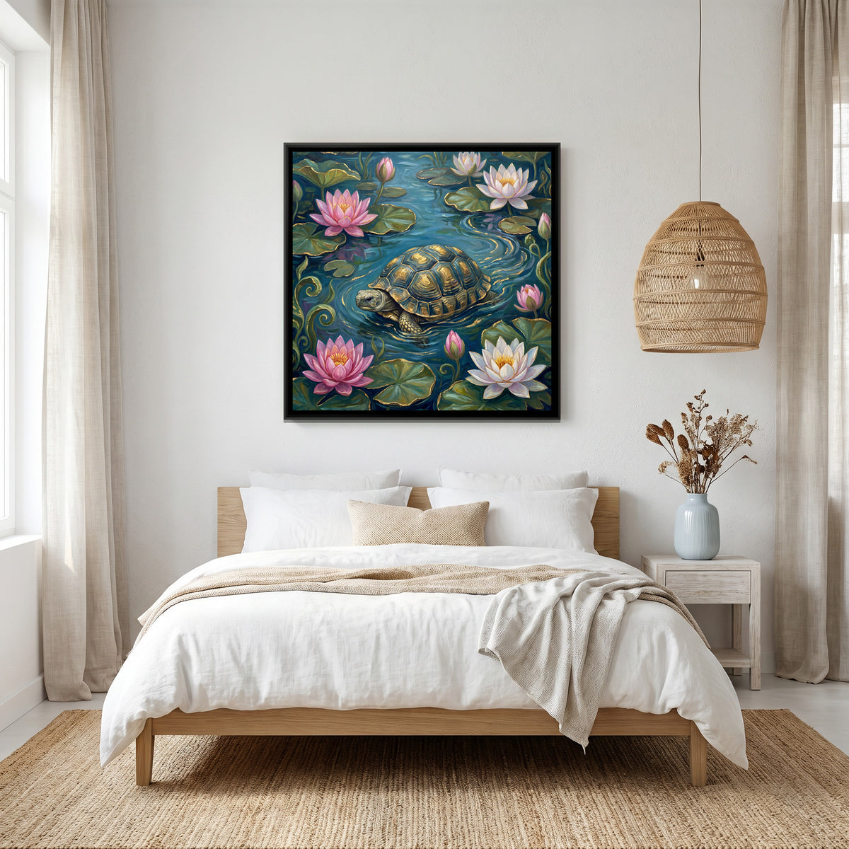 Vastu Tortoise — canvas art shown in a styled room