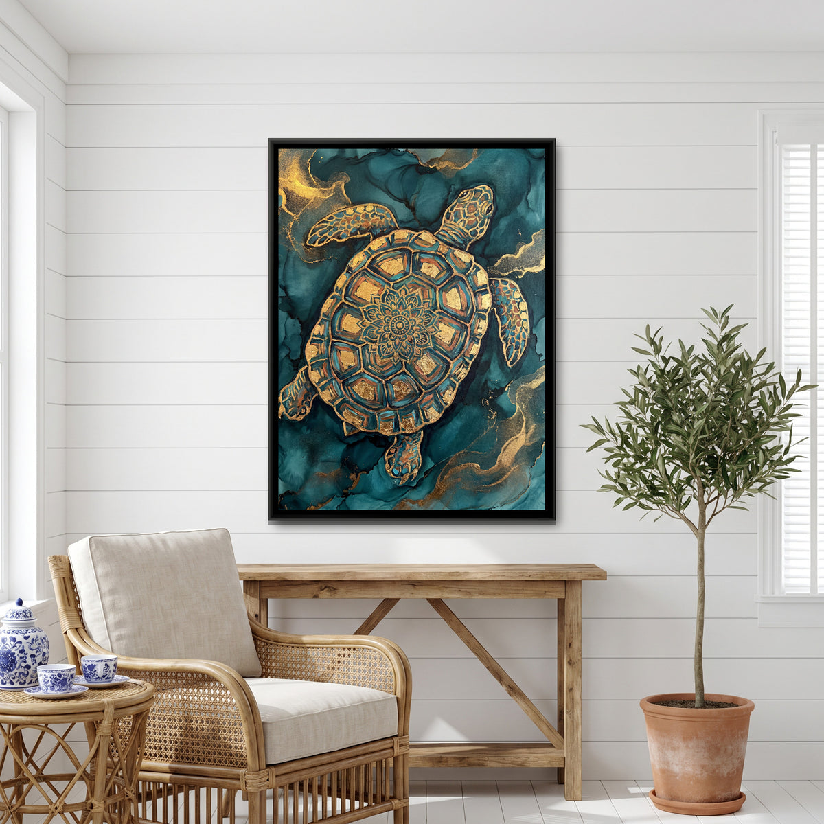 Vastu Tortoise — canvas art shown in a styled room