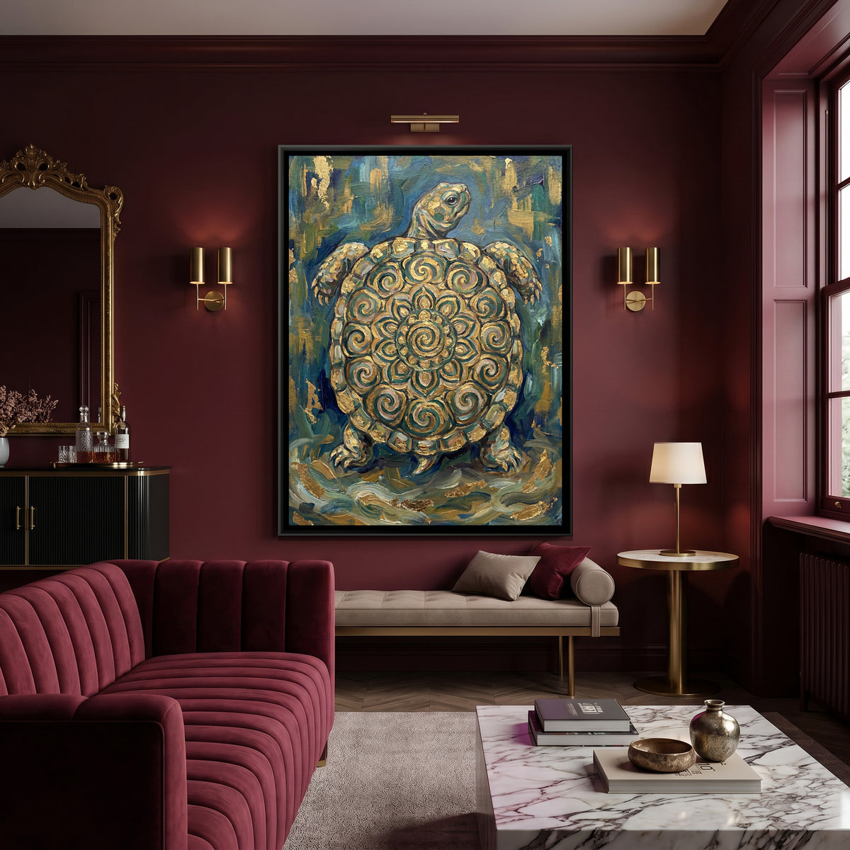 Vastu Tortoise — canvas art shown in a styled room