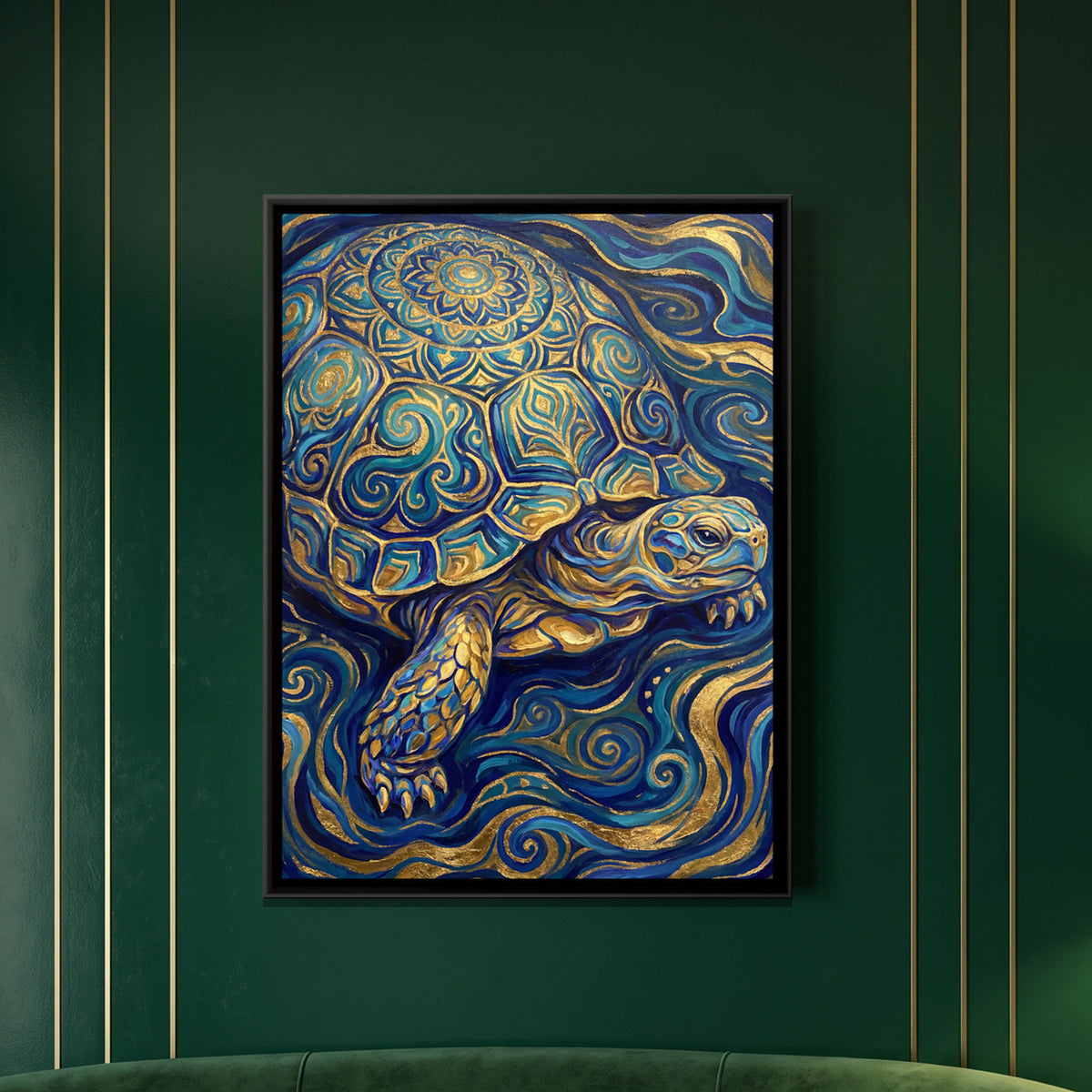 Mandala Tortoise — framed canvas art hung on a wall