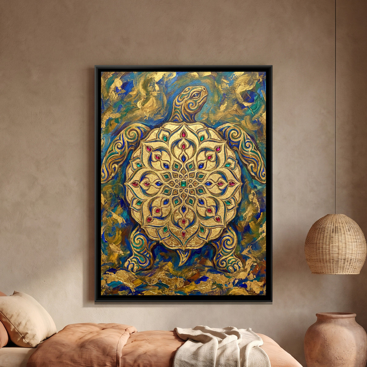 Mandala Tortoise — framed canvas art hung on a wall