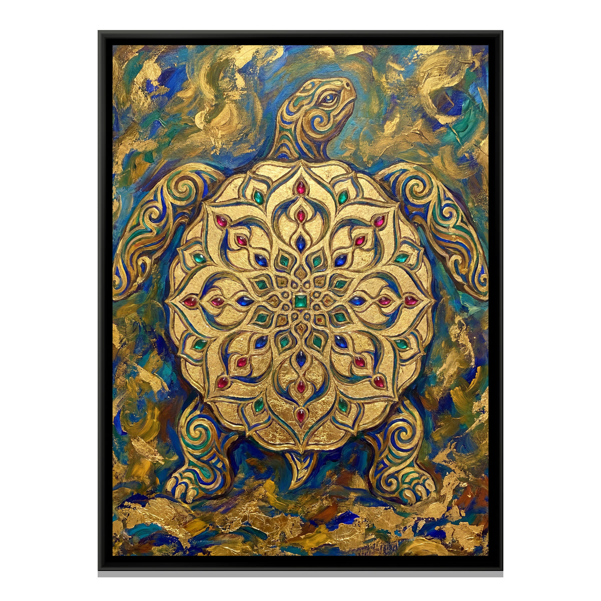 Mandala Tortoise — framed canvas print, front view