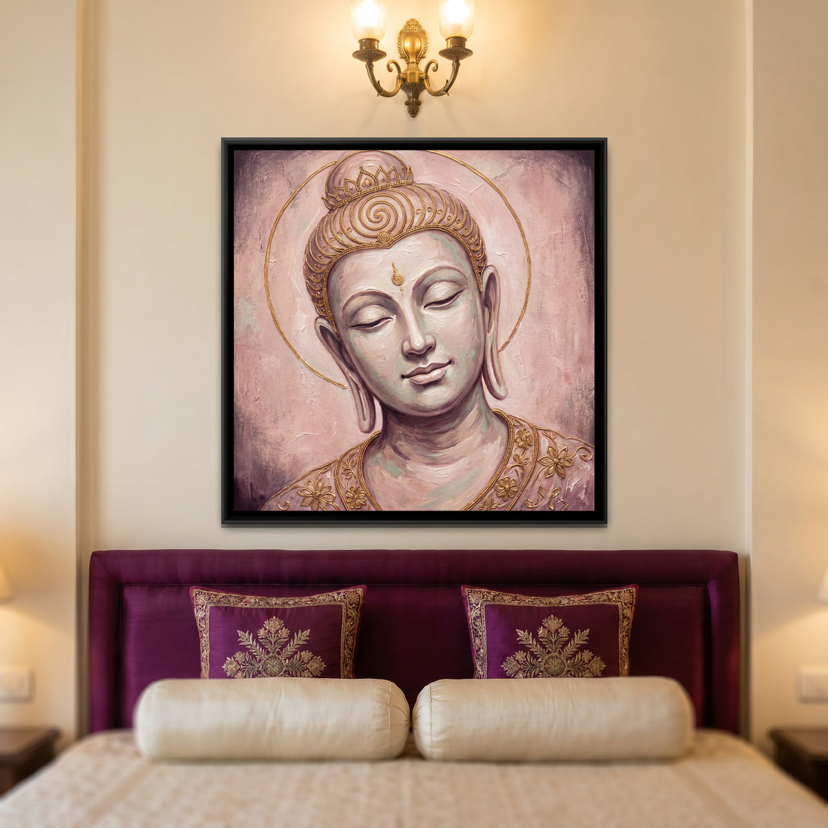 Buddha Face in Blush and Gold — canvas art shown in a styled room