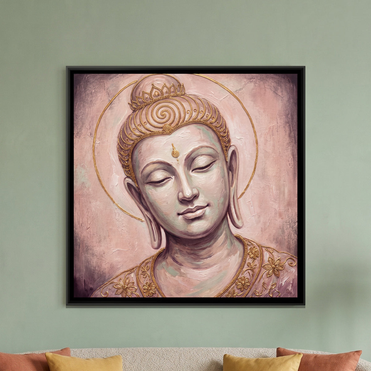 Buddha Face in Blush and Gold — framed canvas art hung on a wall