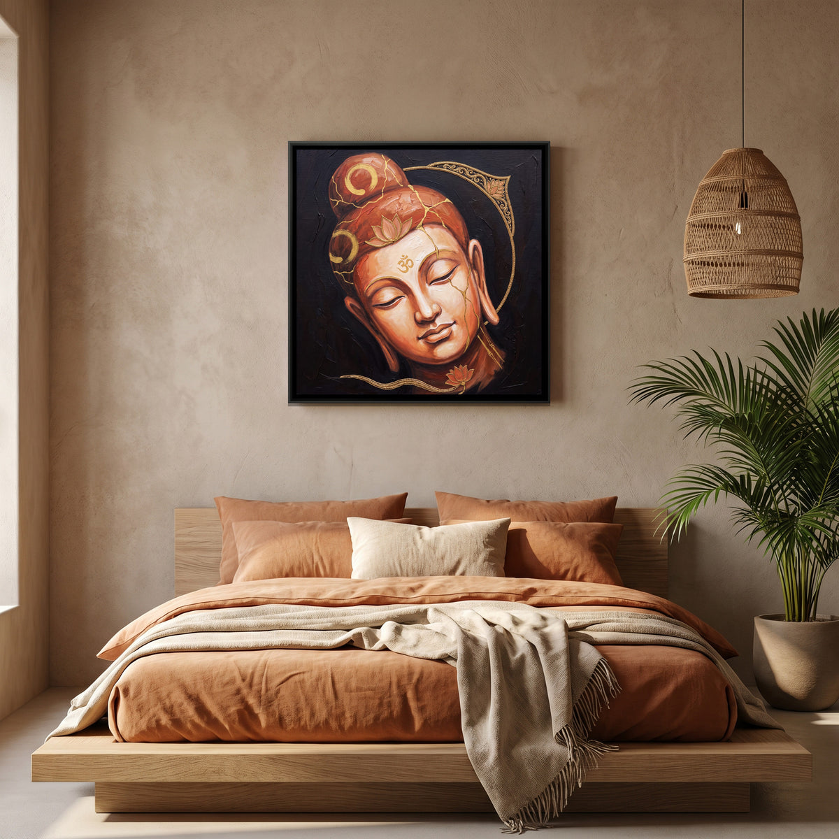 Buddha Face — canvas art shown in a second room setting
