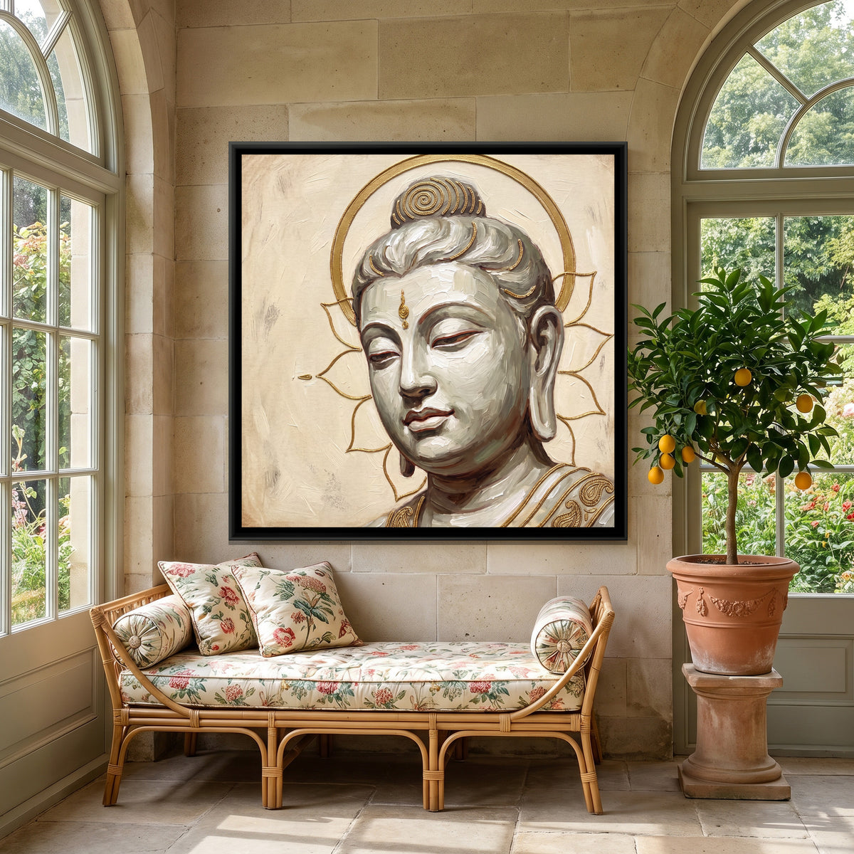 Buddha Face — canvas art shown in a second room setting