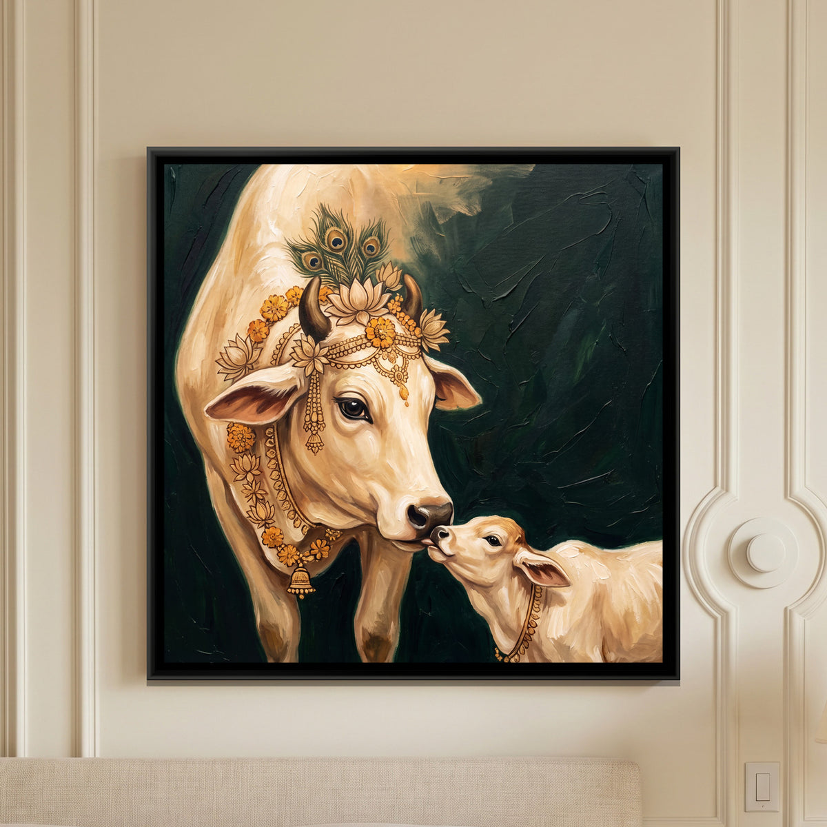 Kamadhenu Cow and Calf — framed canvas art hung on a wall