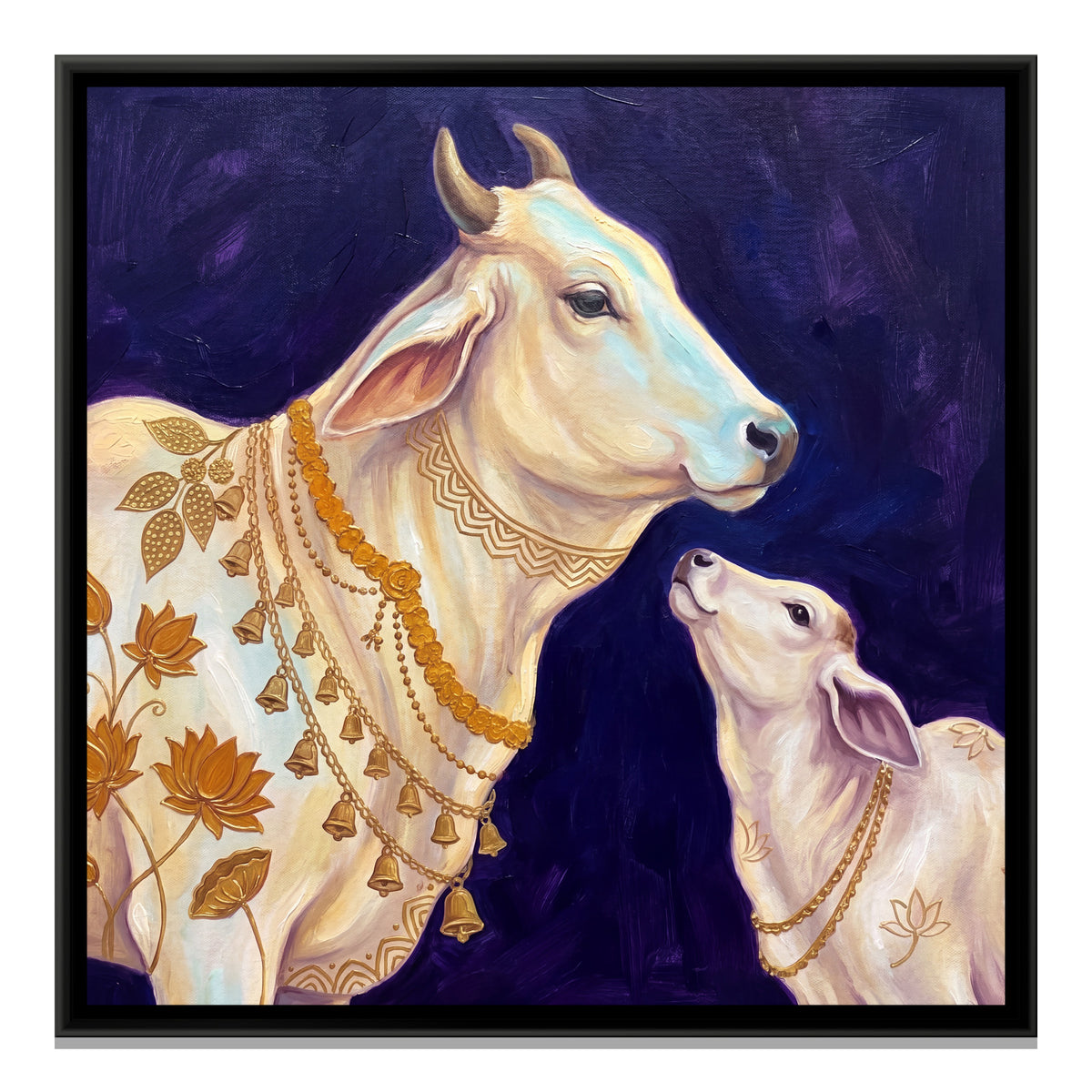 Kamadhenu Cow and Calf — framed canvas print, front view